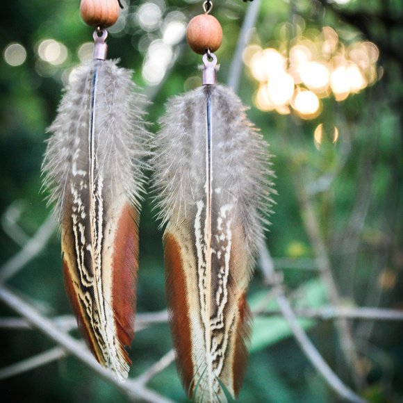 Handcrafted Feather & Wood Boho Earrings - Picture 1 of 1